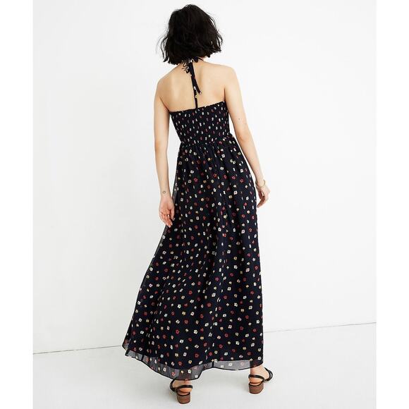 Madewell Navy Blue Floral Halter Smocked Maxi Dress Kimono Floral Deep Indigo XS - Picture 2 of 6